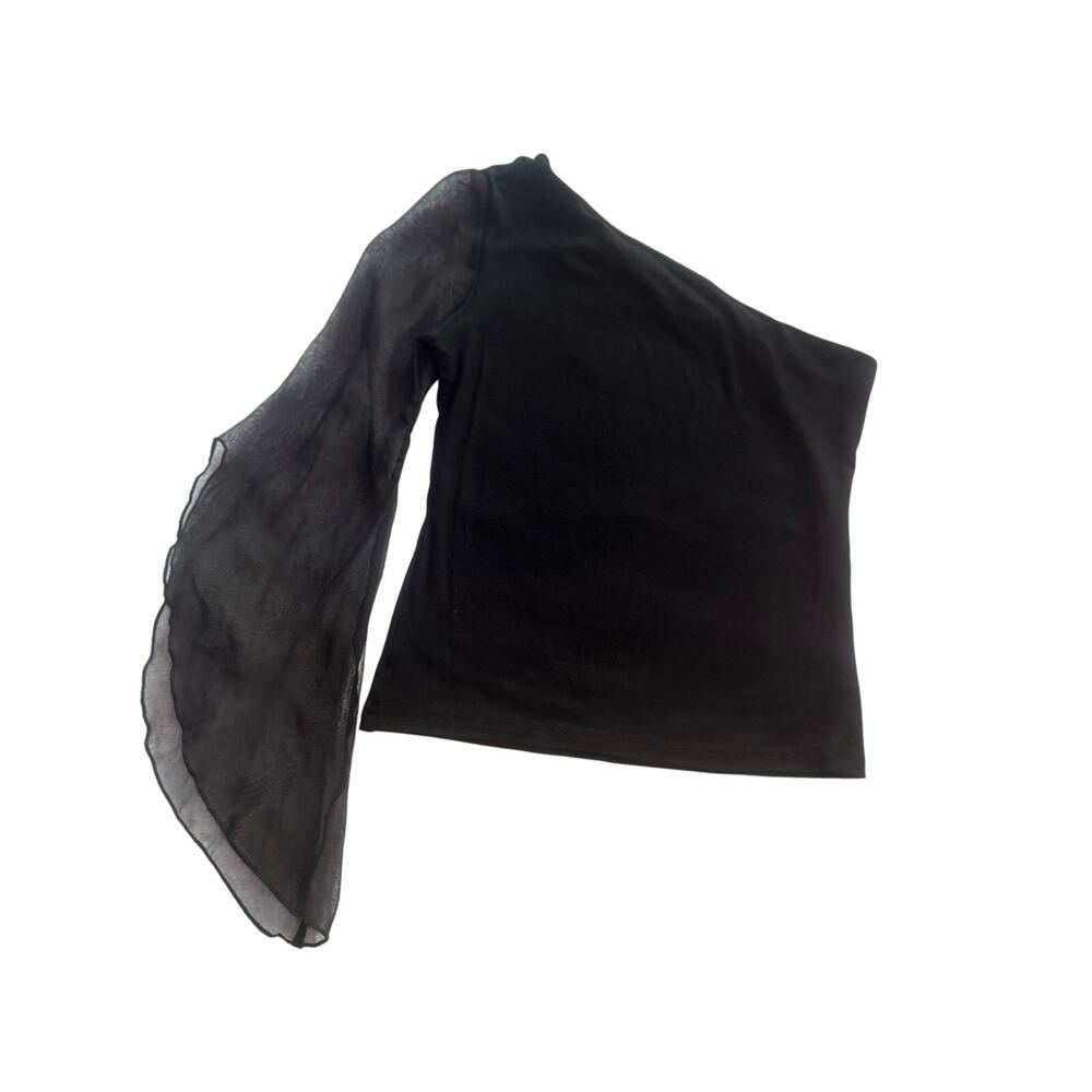 ZARA Basic Black One-Shoulder Top with Sheer Bell Sleeve – Size M